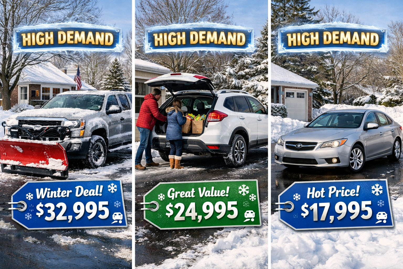 High demand winter vehicles in New England - AWD trucks SUVs and reliable sedans