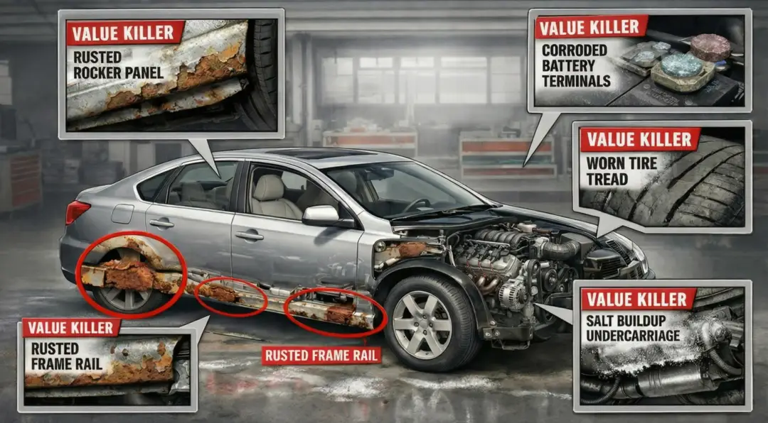Winter vehicle inspection - mechanic checking engine and undercarriage for rust and damage