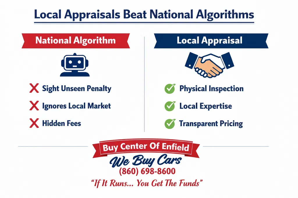 Local car appraisals vs national online tools - comparison infographic