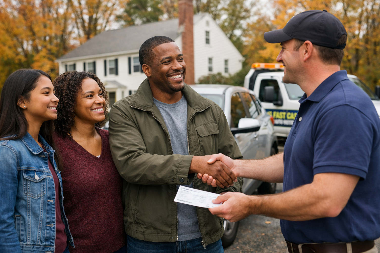 Happy Connecticut family receiving business check payment for their car sale at The Buy Center of Enfield