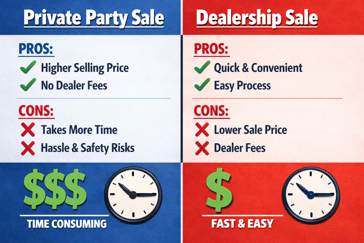 Split-screen comparison showing private party sale vs dealership sale with pros and cons